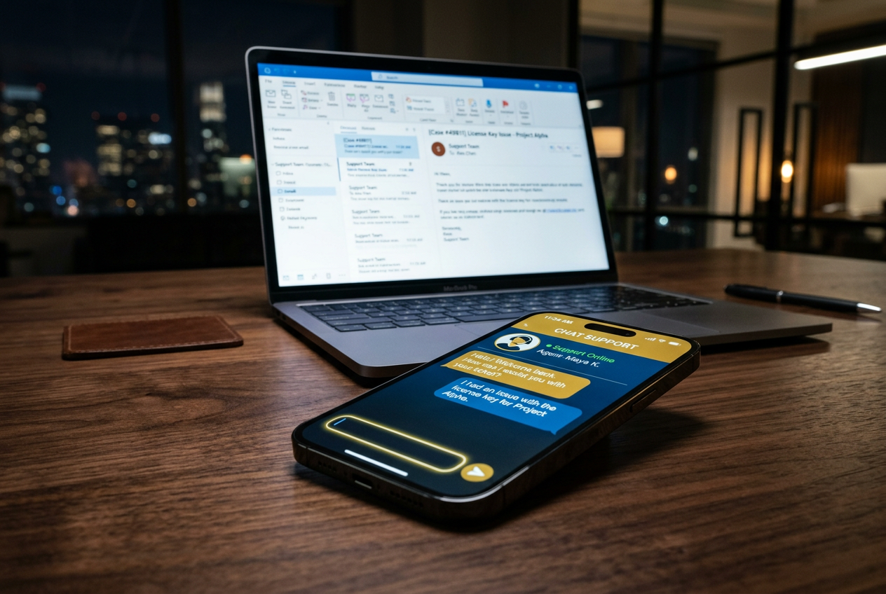 Smartfon i laptop wyświetlające interfejsy czatu na żywo i poczty e-mail