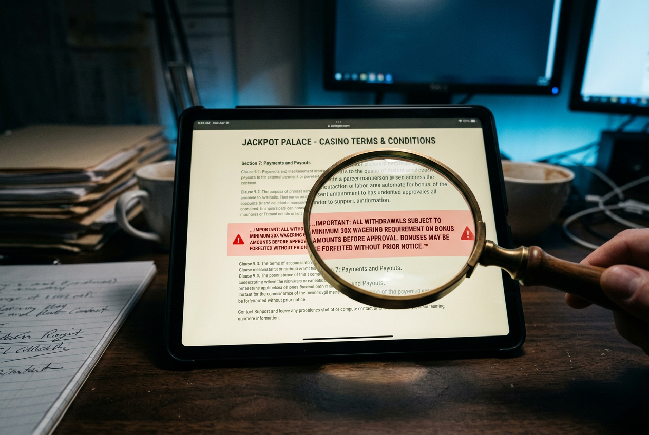Lupa nad ekranem tabletu podświetlająca ostrzegawcze symbole w regulaminie.