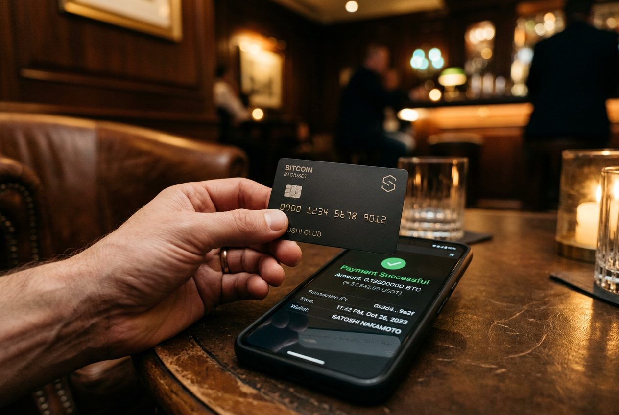 Luksusowa karta płatnicza i smartfon z potwierdzeniem transakcji krypto.