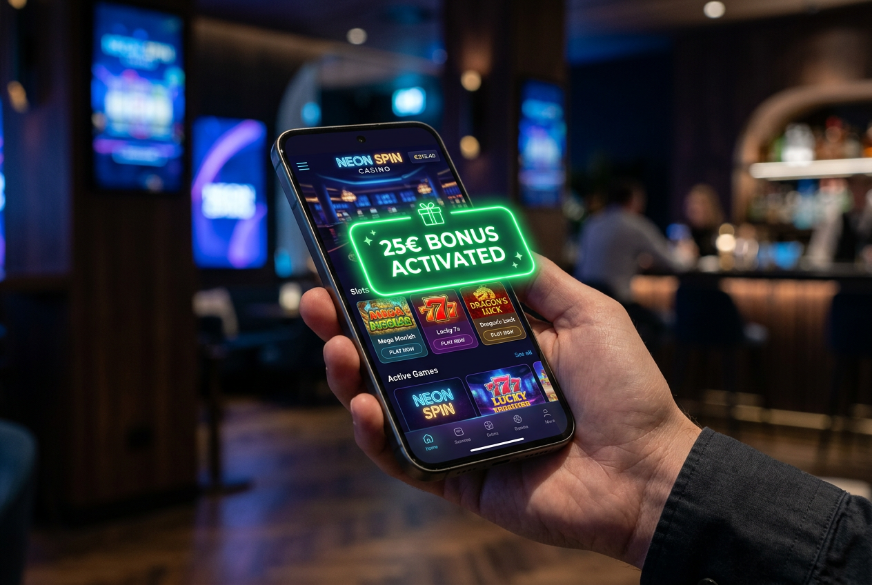 A futuristic online casino interface on a smartphone screen showing a 25 Euro bonus.