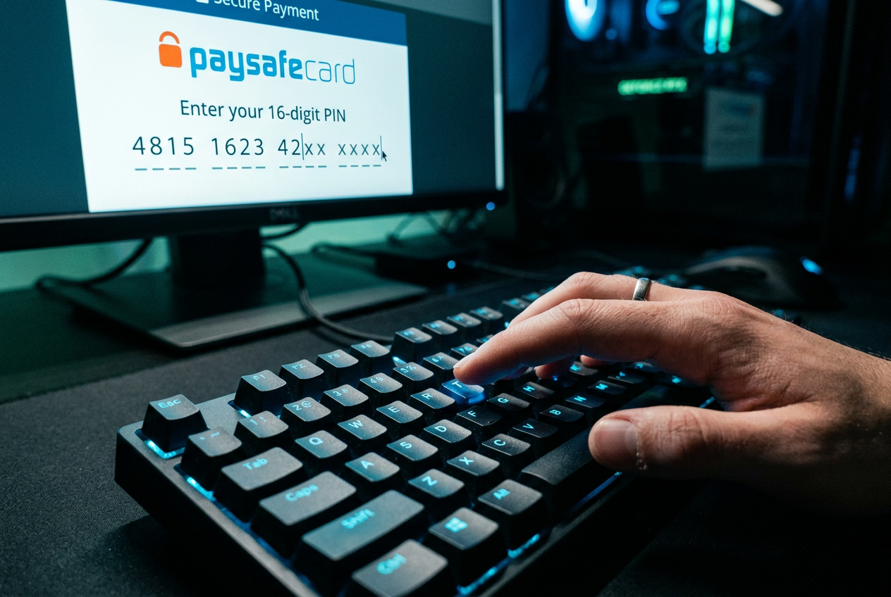 Close-up of a person entering a 16-digit PIN code on a high-tech keyboard